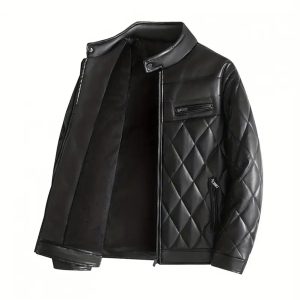 a black leather jacket with a white background