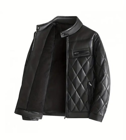 a black leather jacket with a white background