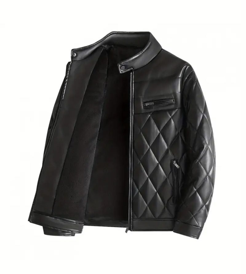a black leather jacket with a white background